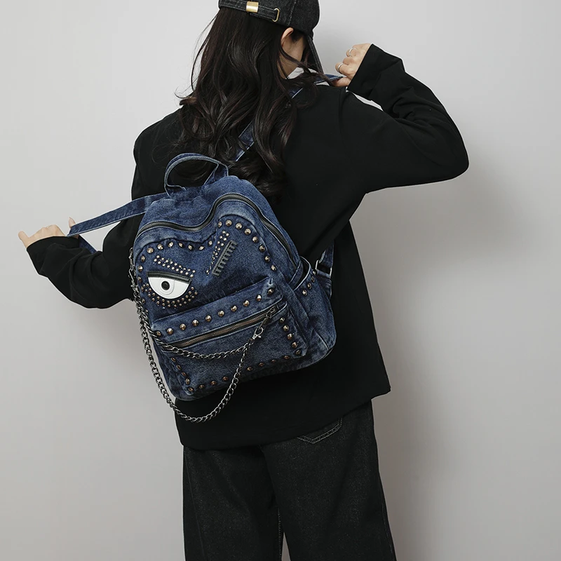 Vintage Denim Rivet Backpack Women Punk Eye Pattern Chain Decor Rucksack Gothic Studded Large Capacity Casual Travel Backpack view 3