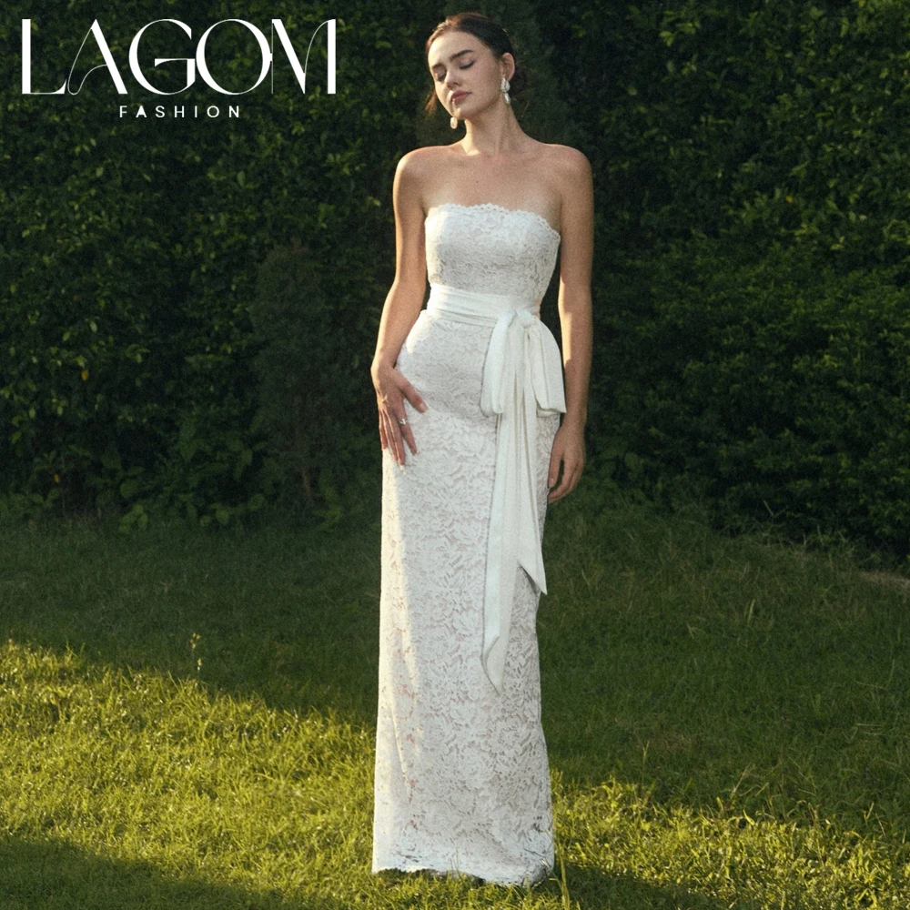 Lagom White Elegant Vintage Strapless Lace Wedding Dress Mermaid Satin Sash Sleeveless Floor-LengthVestidos De Novia Customized