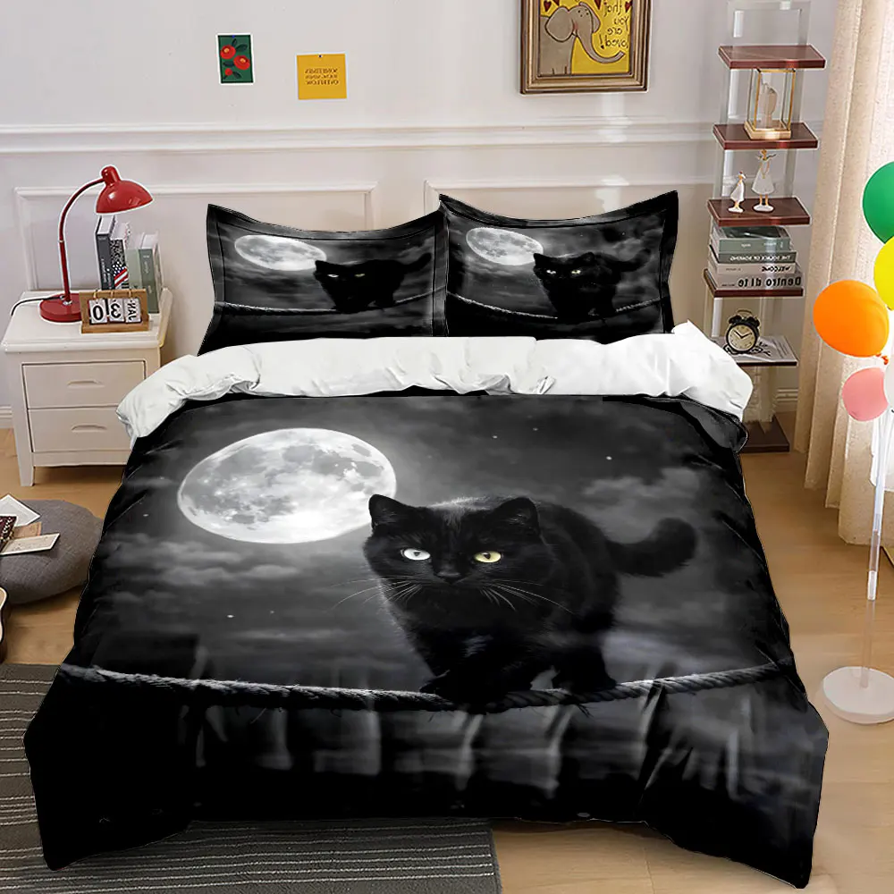 Mysterious Black Cat Moonlit Print Bedding Set 1 Duvet Cover 2 Pillowcases for Adult and Children Luxury Gift Full Size