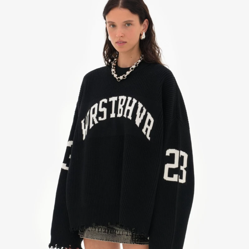 Moda solta carta jacquard malha pulôver feminino 2025 outono inverno highstreet cinza preto macio camisola hottie versátil topo