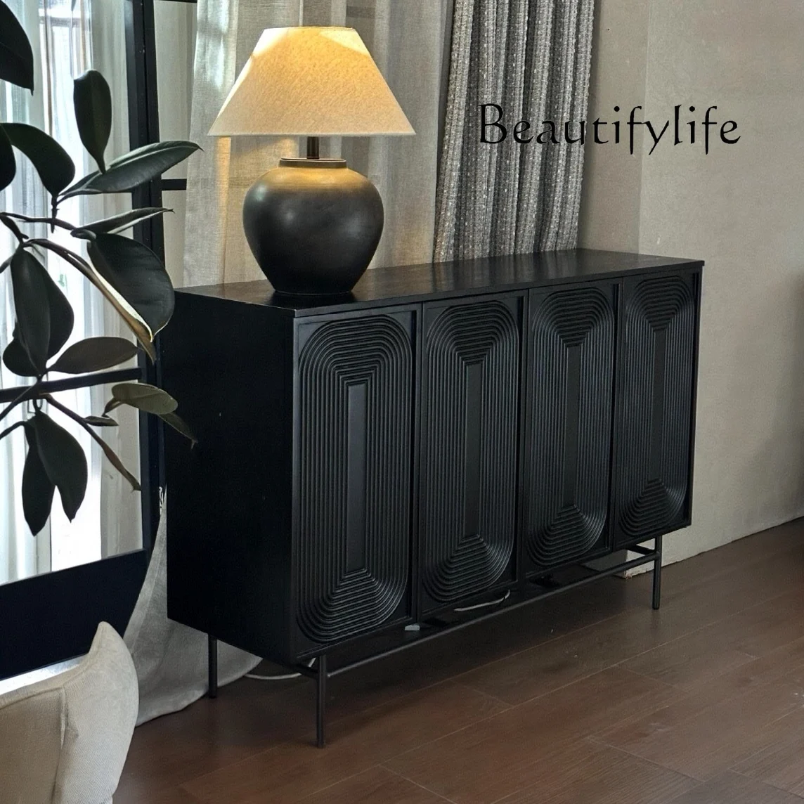 

Black Side Cabinet Solid Wood Entry Entrance Cabinet Living Room Household Wall Storage Living Room Side Cabinet Villa Room