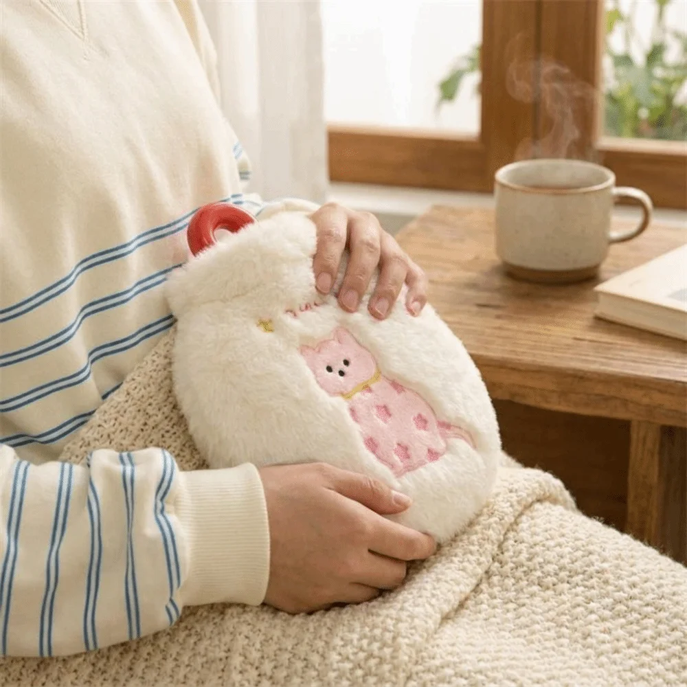 Handheld Warm Water Bag Kitten Embroidery Water Filling Hand Warmers Removable Hot Compress Water-filling Bottle