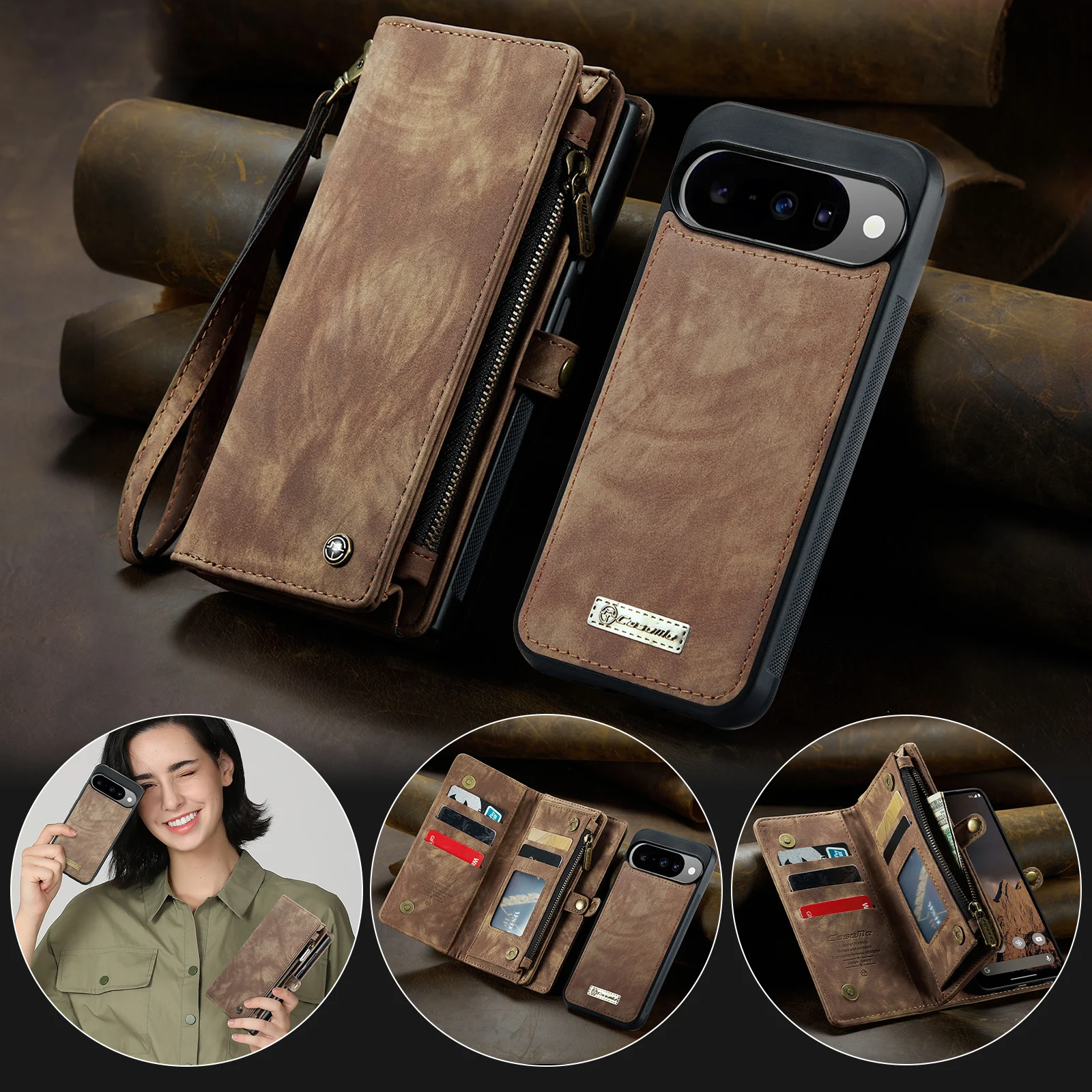 

CaseMe-008 Luxury Leather Case For Google Pixel 9/ 9 Pro, 9 10 Pro XL, Pixel 9A Magnetic Separable Card Slot Holder Wallet Cover