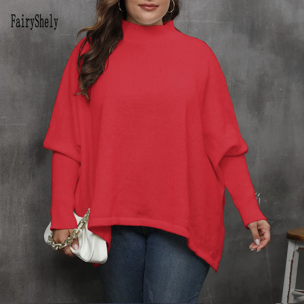 2025 Batwing Sleeve Plus Size Sweater Women Mock Neck Large Pullover Lady Winter Loose Oversize Jumper Big Jersey Curvy Knitwear