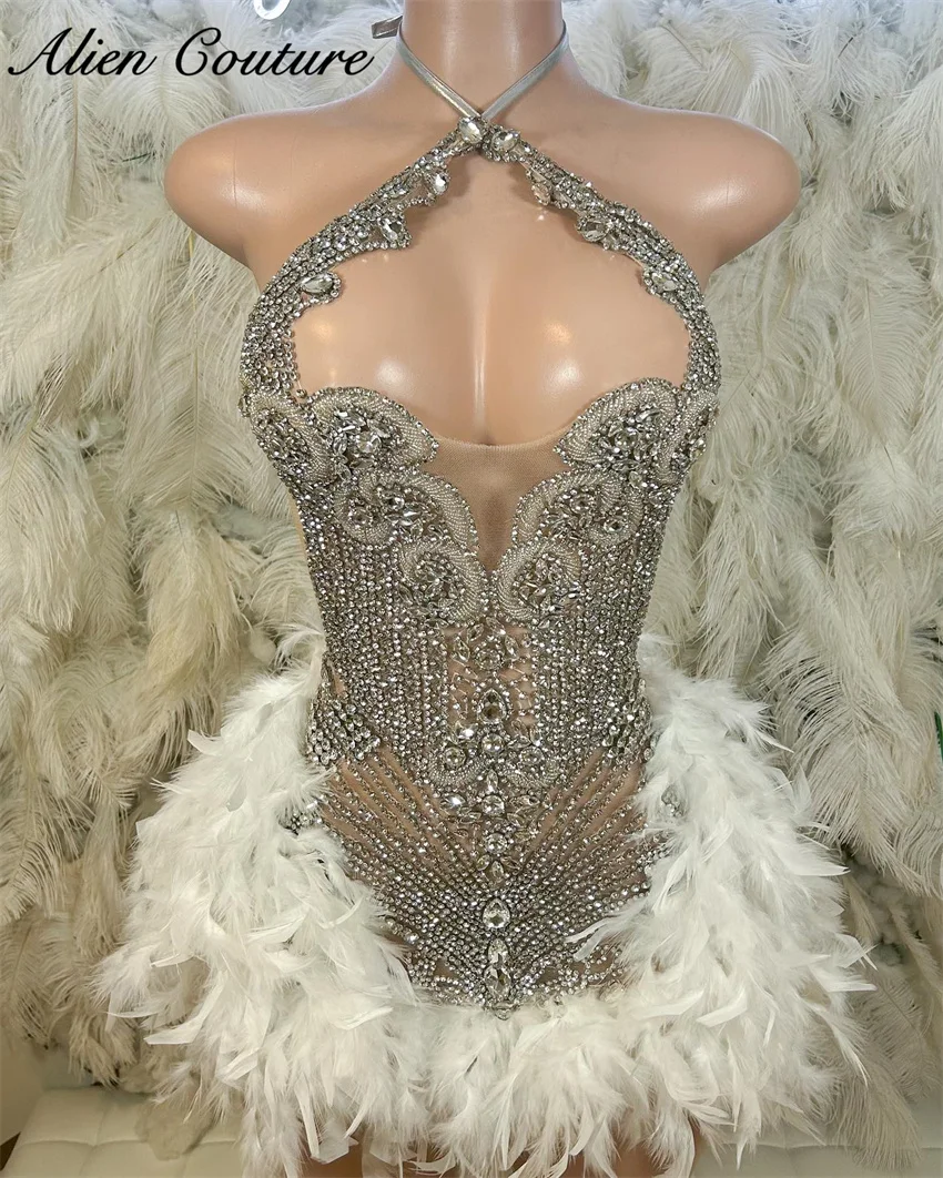 2024 Birthday Dress Silver Beads Short Prom Feather Crystal Rhinestones Gown Cocktail Dress Birthday Vestidos Leather Customized