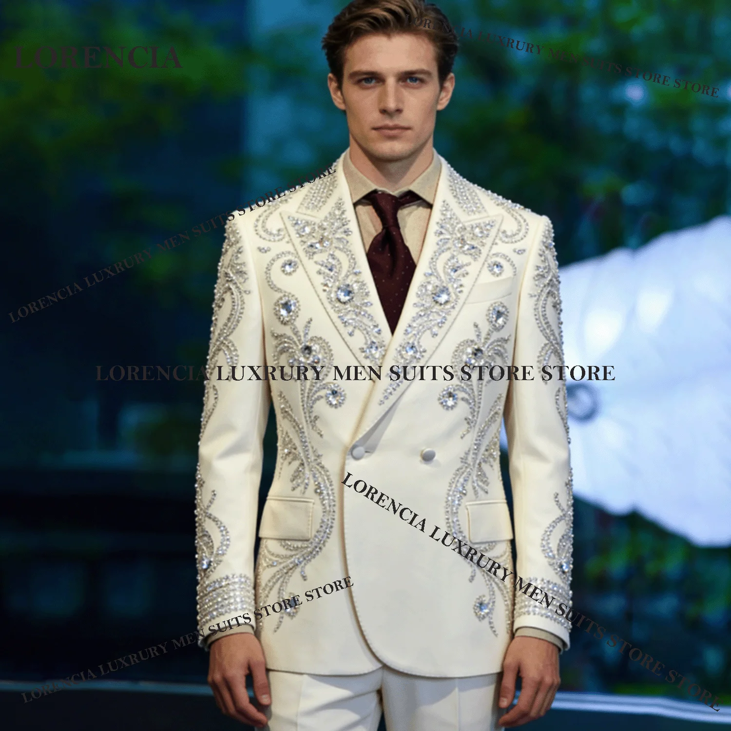 

Customized Jewelry Crystal Suit For Men Glitter Groom Party Male Blazer 2 Piece Sets Formal Slim Fit Tuxedos Wedding Ropa Hombre