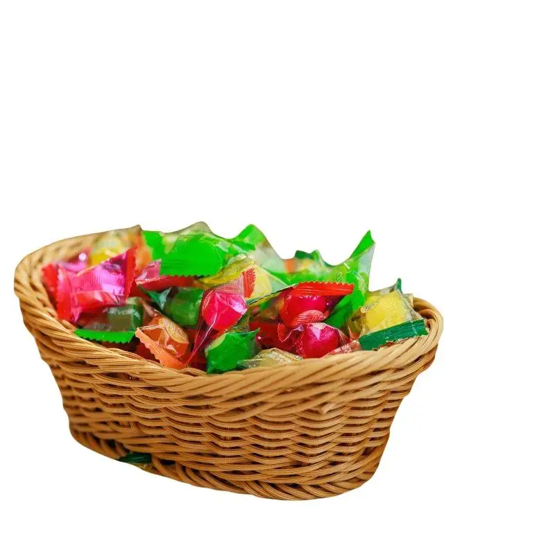 [J] Handwoven Plastic Rattan Basket Durable Washable For Kitchen Bread Fruits Snacks Holder