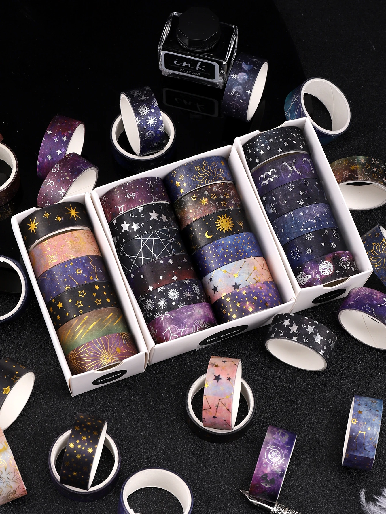 

6rolls/Box Hot Stamping Silver Starry Sky Washi Tape Adhesive Masking Tape Journaling Supplies School Stationery Washi Tape