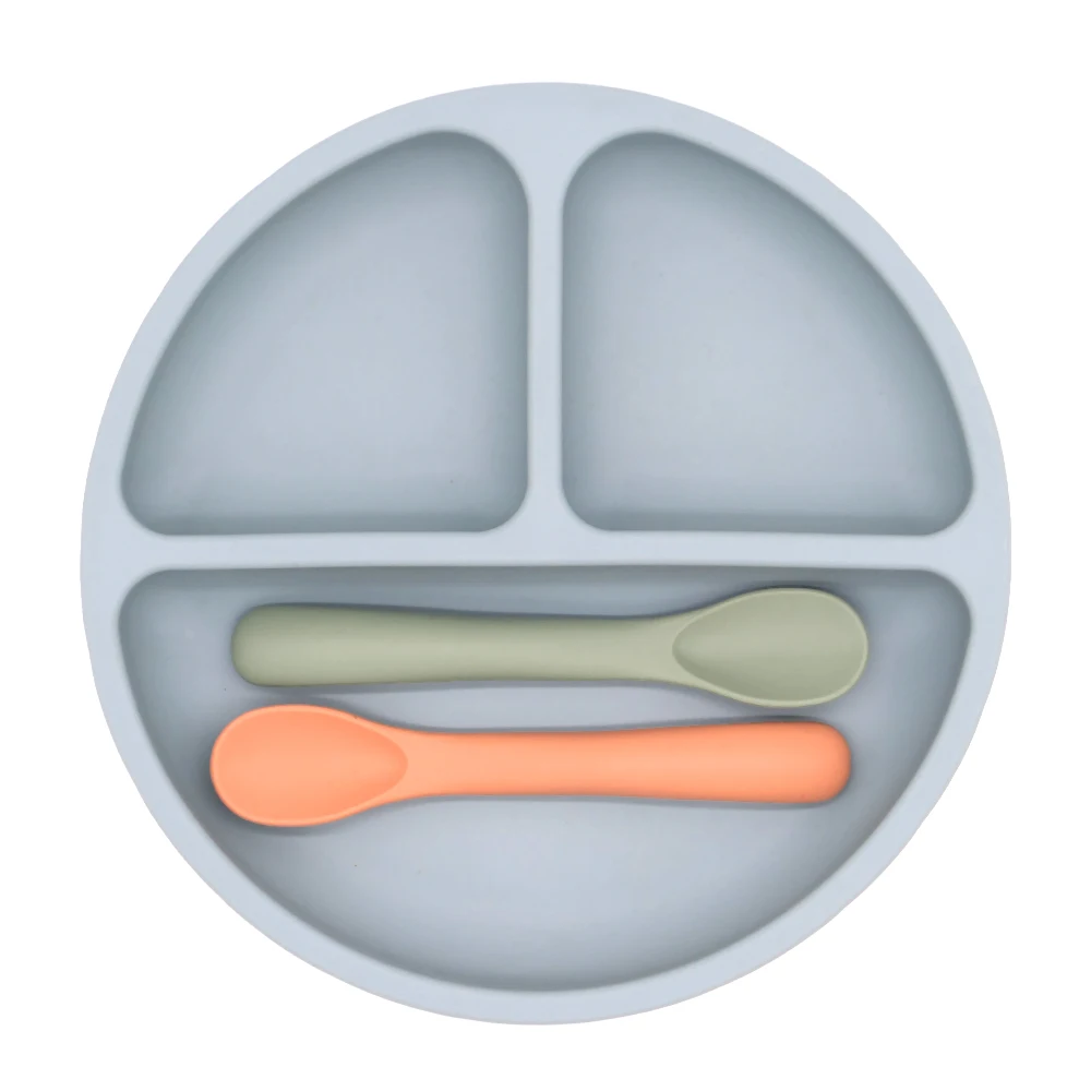 

Baby silicone dinner plate with suction cup separator design baby feeding tableware cartoon animals suitable for 6-24 months boy