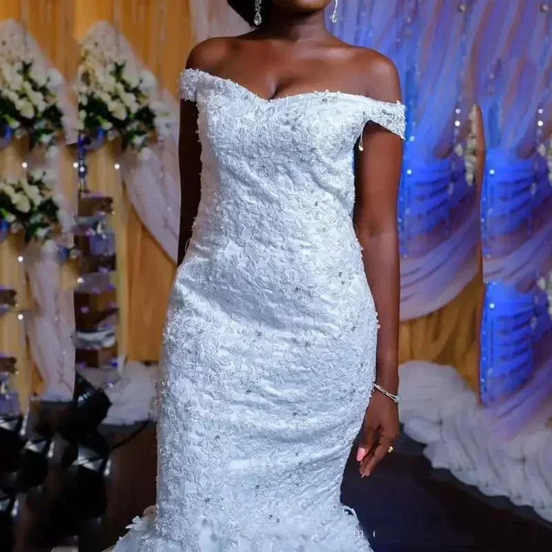 فساتين زفاف أفريقية مخصصة بدون أكتاف دانتيل حورية البحر 2023 مع زينة مطرزة سويب تراين تول زي العرائس مقاس كبير