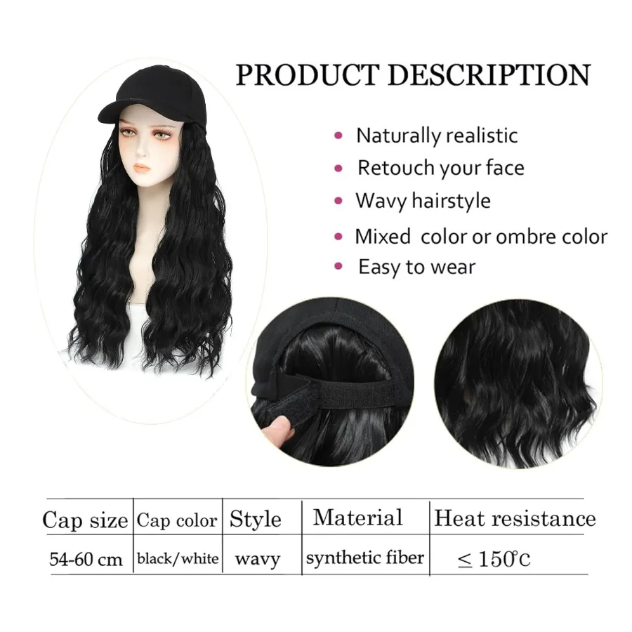 Peluca con gorra de béisbol, extensiones de cabello ondulado Natural largo de 20 pulgadas con sombrero, peluca ajustable sintética resistente al calor, pelucas con gorro negro para mujer