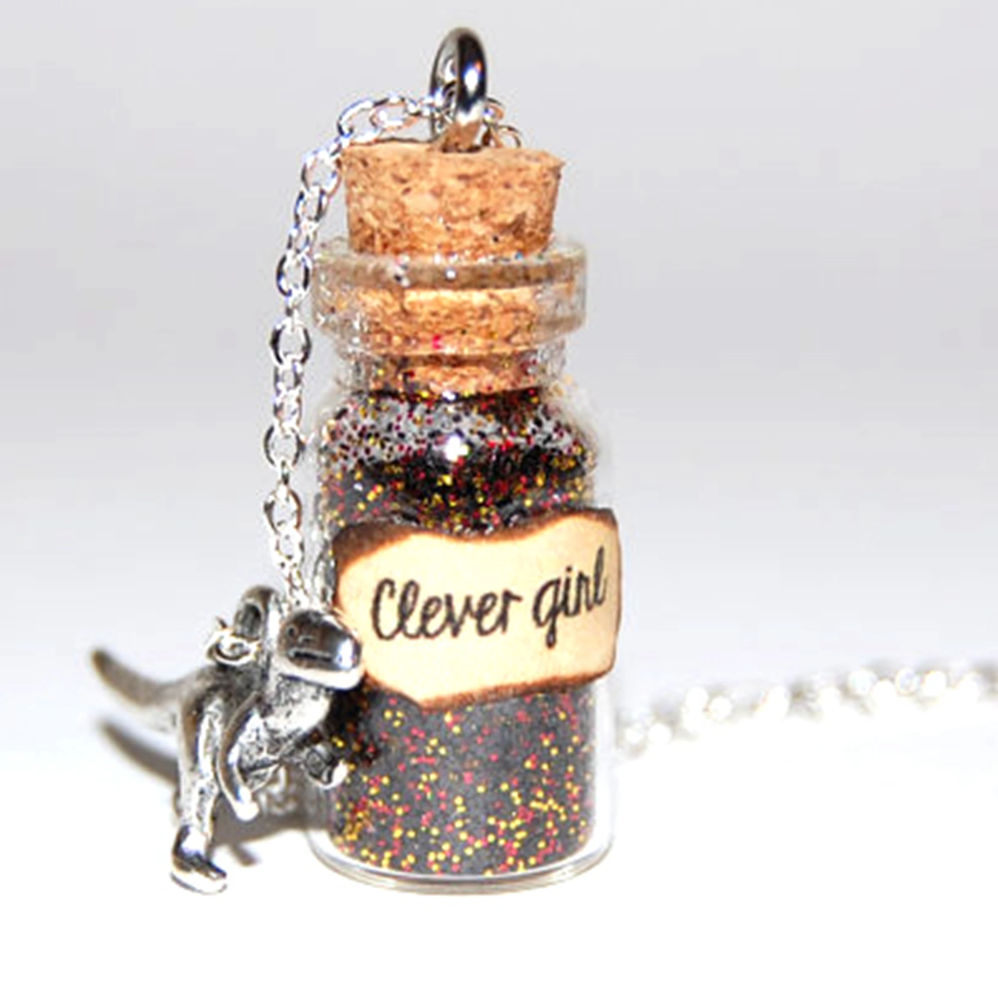 

12pcs/Lot Jurassic Park Inspired Handmade Glass Bottle Necklace Clever Girl Message Silver