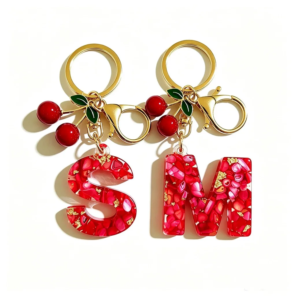 Initial Alphabet Letter Keychain With Red Cherry Decoration Resin Gold Plated Bag Charm Car Key Accessory Gift