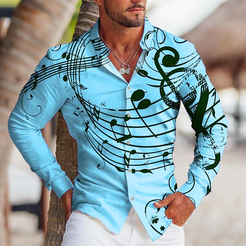 2023 Men's Long Sleeve Multicolor Note Series Fashionable Casual Party Soft, Comfortable and Versatile Large Size Lapel Shirt