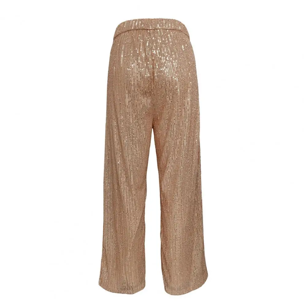 

Solid Color Trousers Sequin Embellished Wide Leg Pants for Women Mid-rise Elastic Waist Trousers with Shiny Details Stylish