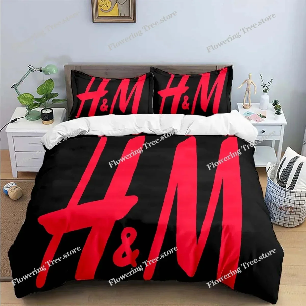 Fashion H-HM-M Logo Print Bedding Sets Exquisite Bed Supplies Set Duvet Cover Bed Comforter Set Bedding Set Luxury  Gift