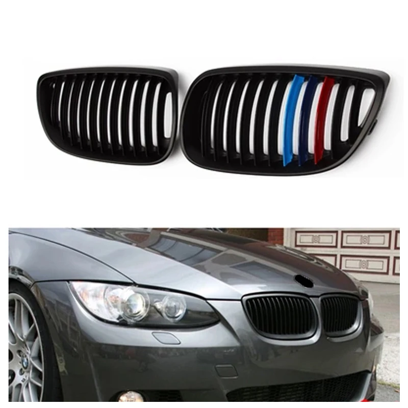 A Pair Gloss Black Car 2 Slat Line Front Kidney Grille Grills For BMW E92 E93 3-Series M3 Coupe Convertible 2006-2009