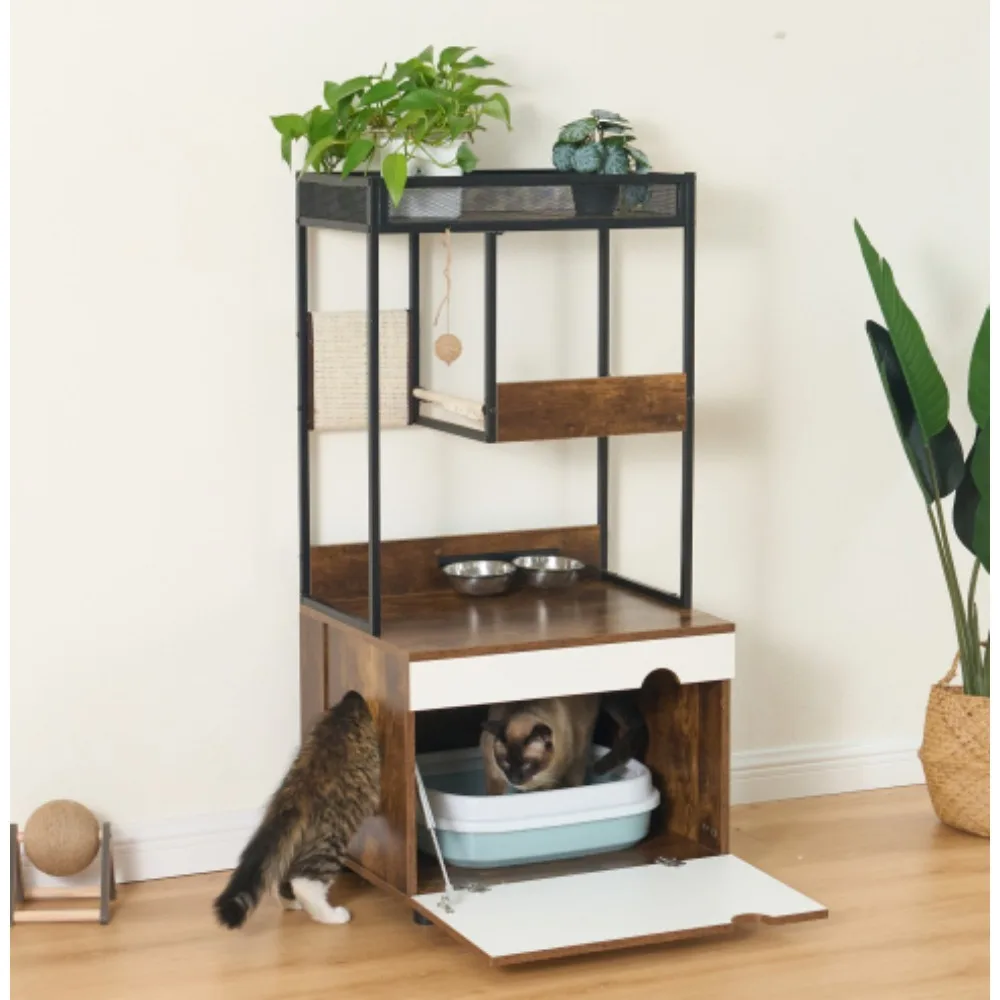 Cat Litter Box Enclosures With Cat Tree Tower Cat Furniture Pet Cage for Cat with a Upper Shelf