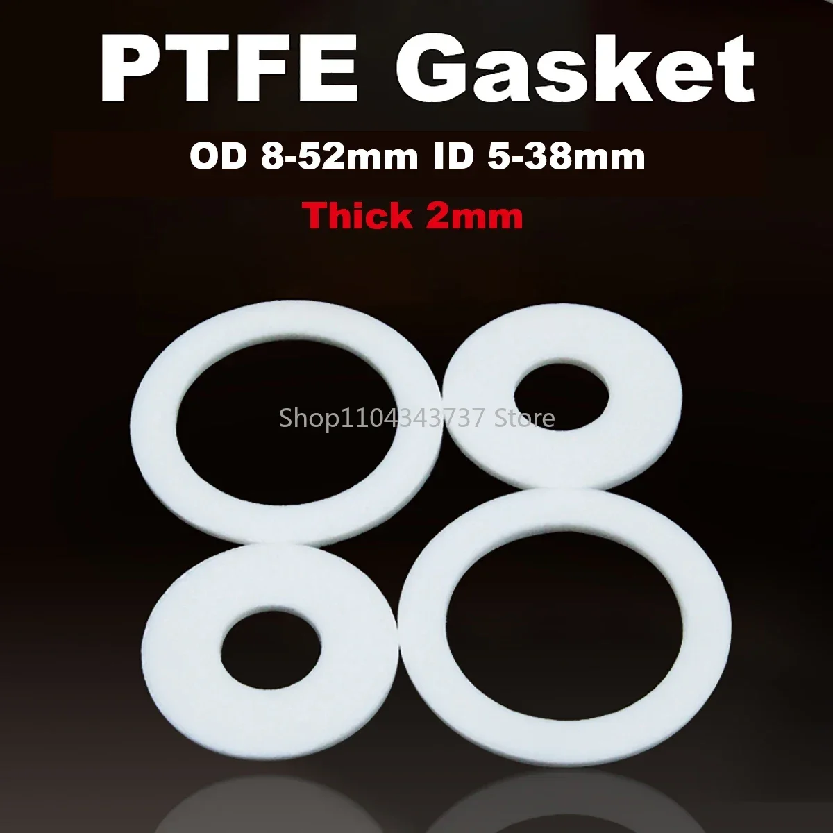 PTFE Gasket Flat Washer Thickness 2mm ID 5mm~38mm Resistant to High & Low Temperature Corrosion Anti-aging For Flange