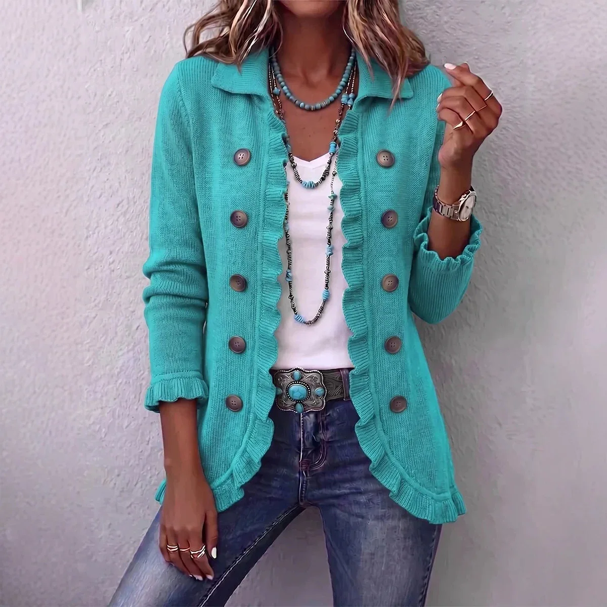2026Women Fashion Leopard Print Long Sleeve Ruffled Buttoned Cardigan Shirt Casual Western Style Tops Spring Autumn Shirts Women