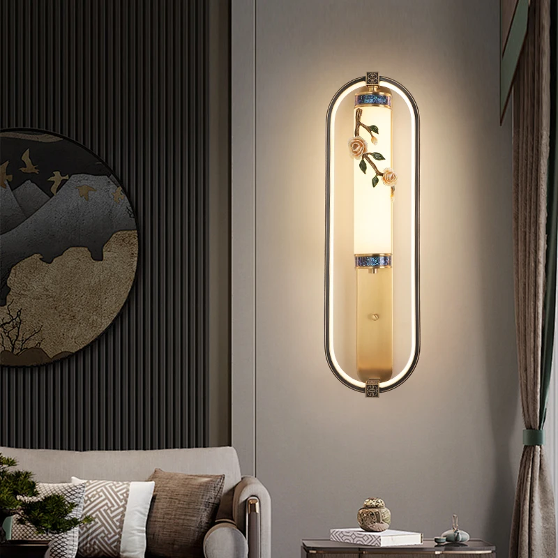 

Enamel all-copper new Chinese wall lamp, living room background wall, corridor, aisle, bedroom bedside lamp, long marble lamp