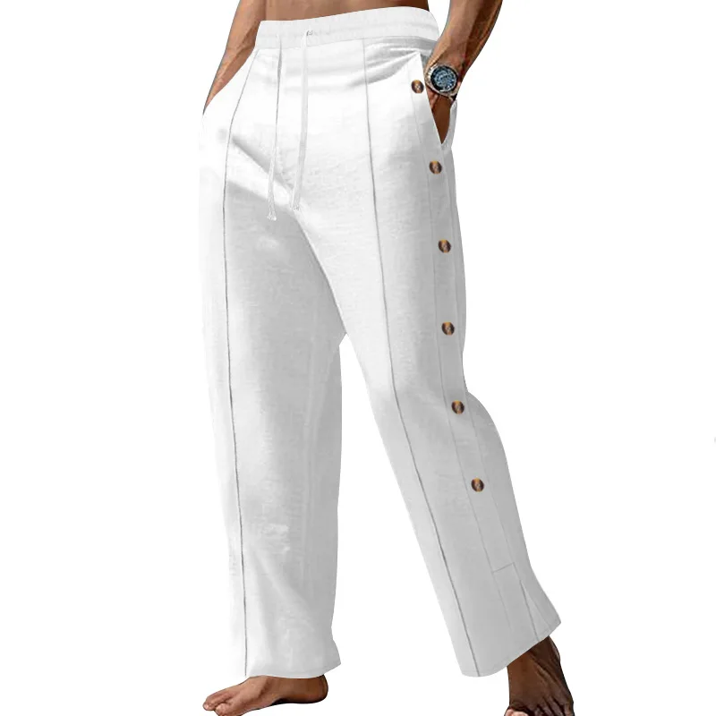 Men Linen‑Blend Straight Pants, Drawstring Waist Side Button Decor Loose Fit Casual Beach Trousers