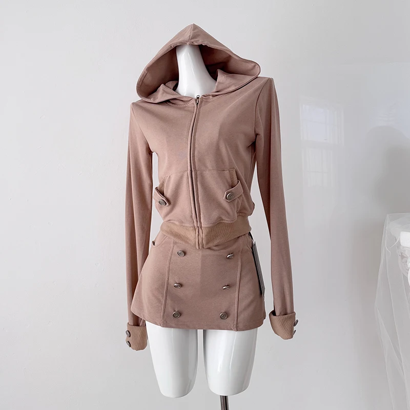 Conjuntos de Sudadera y Falda de Algodón para Mujer, Otoño 2026, Ropa Deportiva, Sudadera con Capucha de Manga Larga, Falda Mini de Cintura Alta con Botones y Pantalones Cortos
