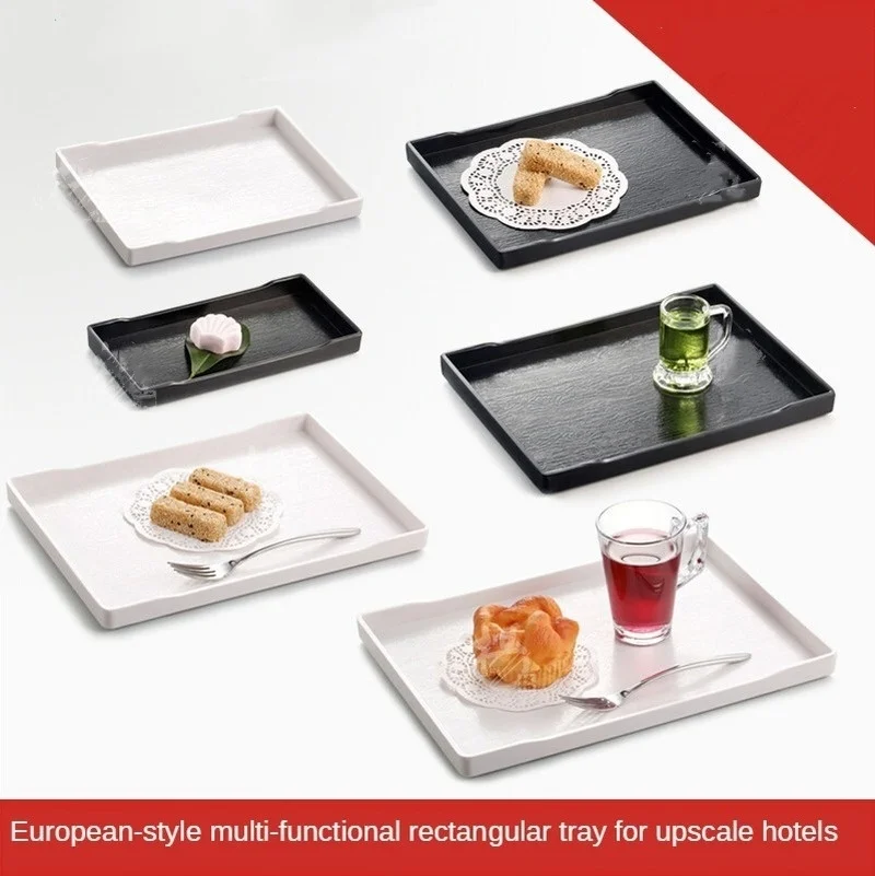 Plastic Tray European Rectangle Black White Melamine Imitation Porcelain Glossy Wood Grain Plate Home Kitchen Storage Supplies