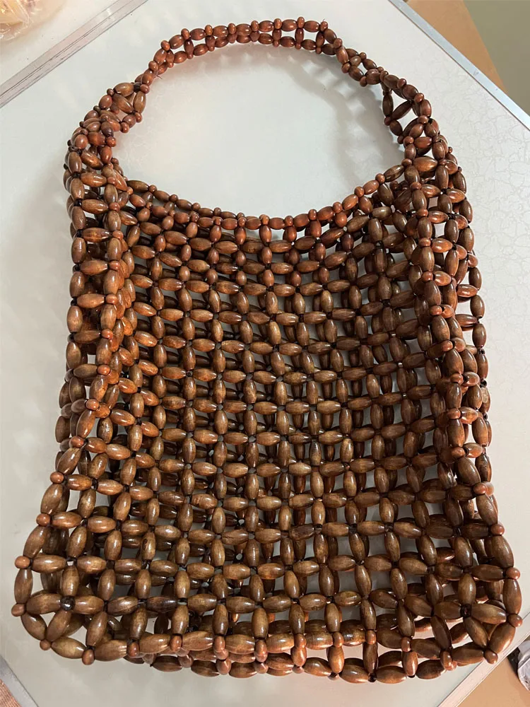 Retro Handmade Wooden Bead Tote Bag for Women, Summer Beach Bag Bohemian Clutch image 3