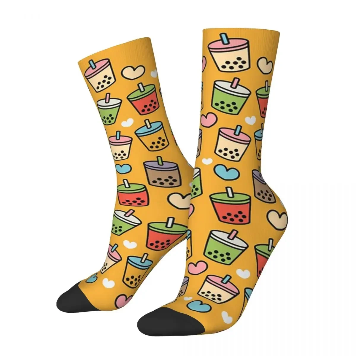 Cute Bubble Tea Flavors And Hearts Pattern Socks Sweat Absorbing Stockings All Season Long Socks Accessories for Man Woman