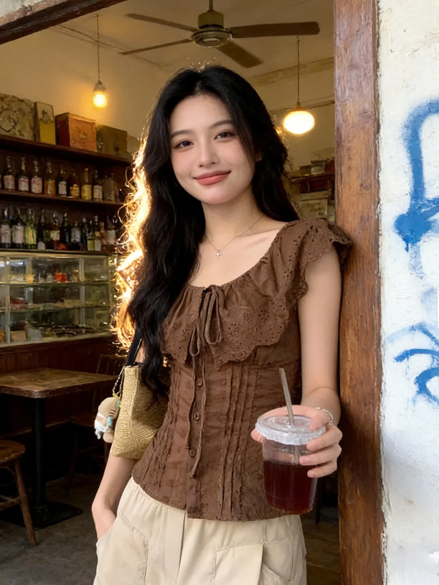 

Cafe Au Lait Lace Trim Short Sleeve Shirt Women's Summer Pleated Waist Cinched Short Doll Shirt Unique Beautiful Top