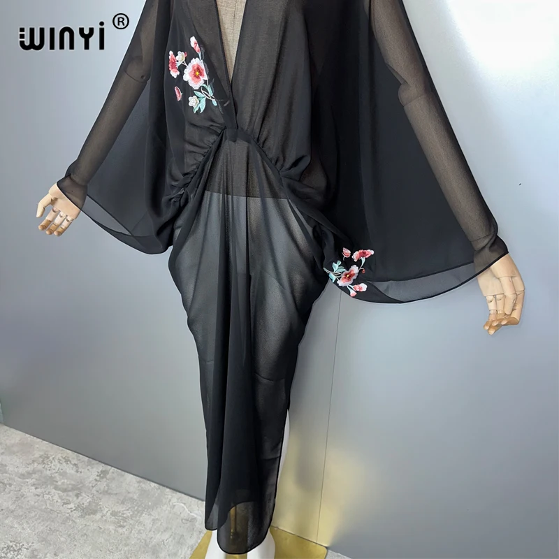 WINYI Embroidered perspective sexy deep V dress Muslim Abaya Lady beach cover up Beachwear fashion Kaftan abaya dubai luxury