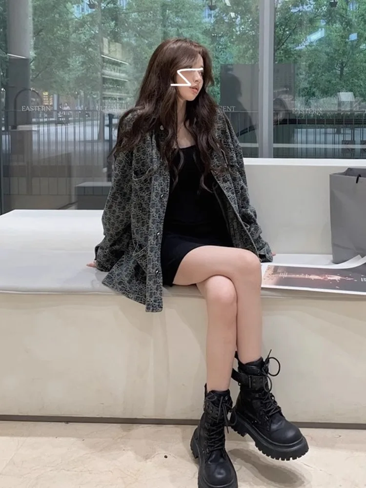 アメリカンハイストリートレトロデニムジャケットレディース新デザイン春秋万能プリントジャケットトップルーズフィットロングスリーブ