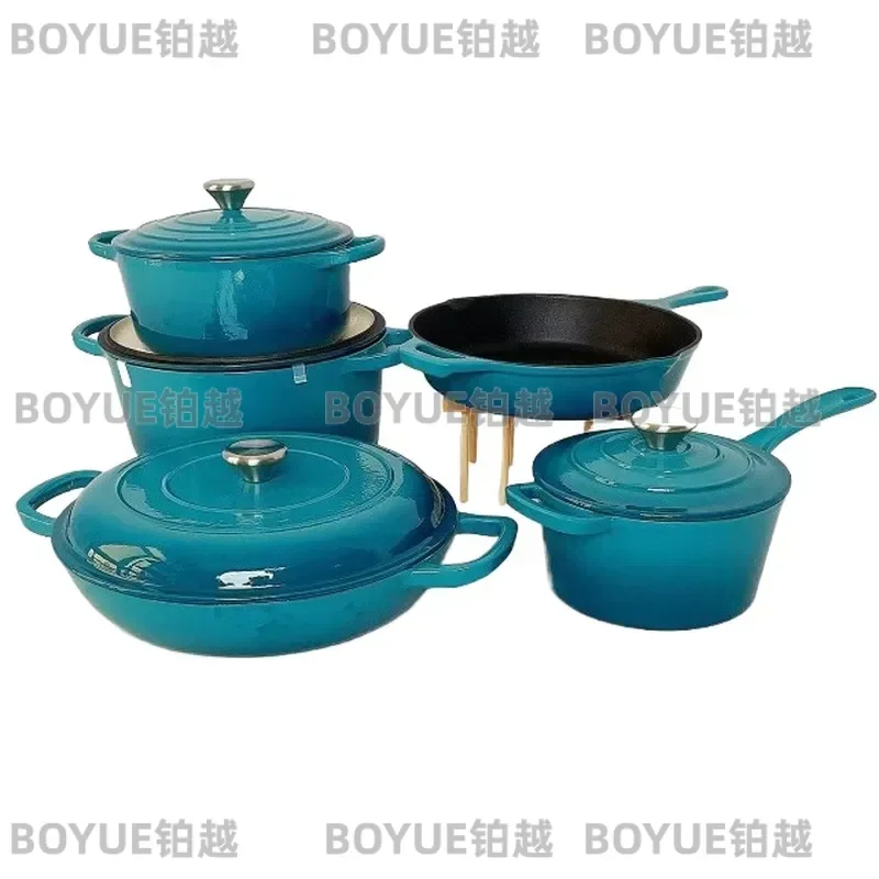 5 Piece Cast Iron Enamel Cookware Set Nonstick Milk Pot Saucepan Frying Pan Seafood Stew Pot Kitchen Cooking Essentials