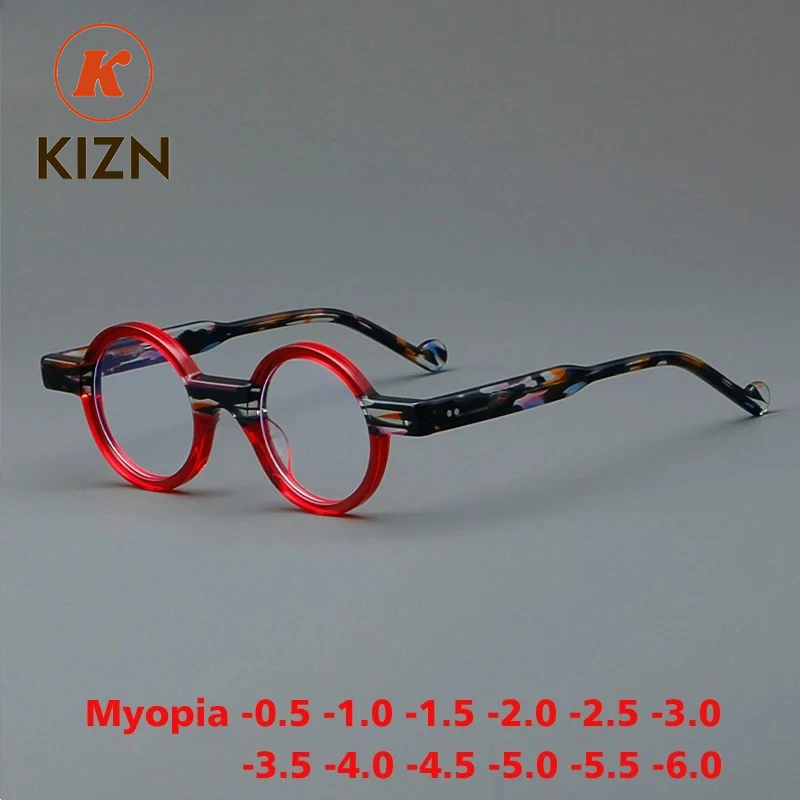 

KIZN Round Vintage Acetate Myopia Glasses Frame Men Custom Optical Prescription Eyeglasses Women Luxury Eyewear -0.5 to -