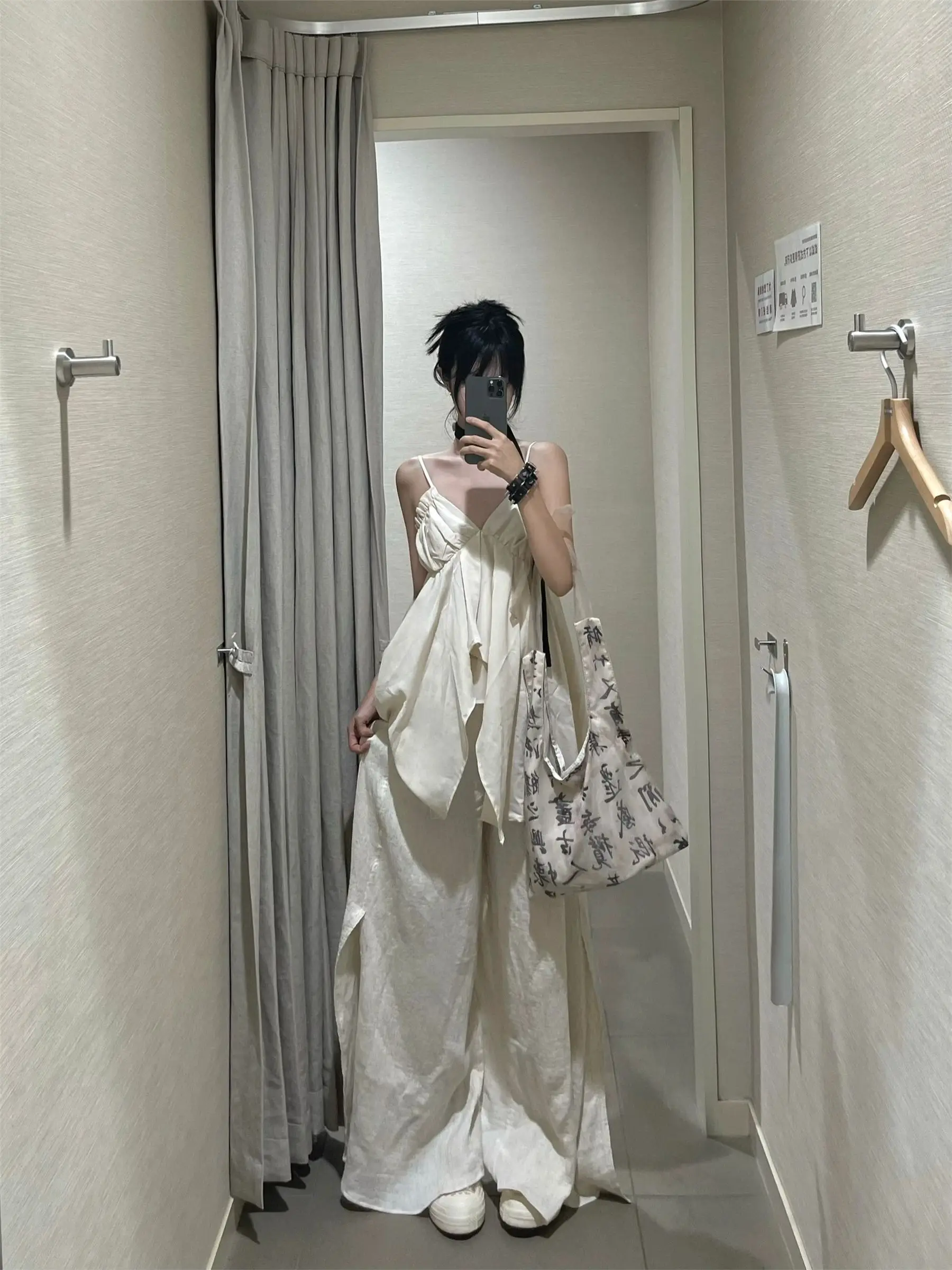 

White Irregular V-neck Camisole Tank Top Loose Casual Wide Leg Pants Summer New Fashion Beach Style Two Piece Sets Women Outfits