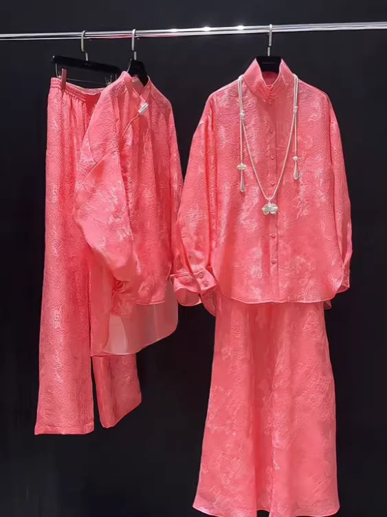 

2026 Spring Autumn Pink Shirt Long Fashion Ladies Printed Silk Pants Chinese Cheongsam Blouse Outfits