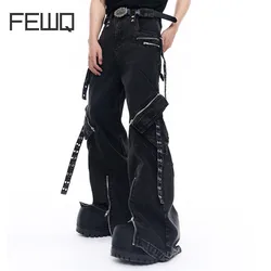 FEWQ Men's American High Street Workwear Multi Pocket Jeans Summer Zipper Design Wide Leg 2024 Male Trousers Casual 24E1504