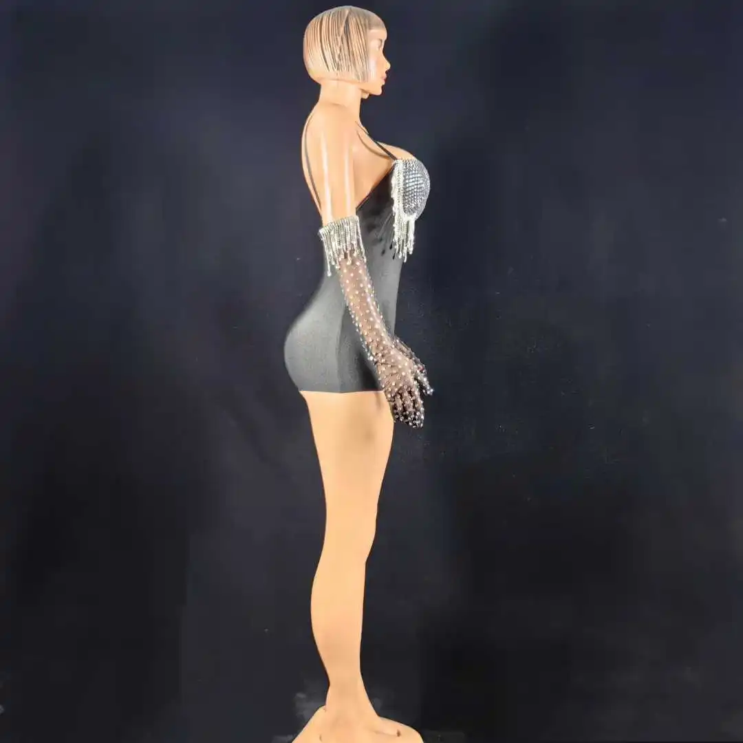 จั๊มพ์สูทสายเดี่ยวประดับพู่เซ็กซี่+ถุงมือ ชุดราตรีตาข่ายสำหรับงานพรอม งานเฉลิมฉลองวันเกิด ถ่ายภาพ โชว์บนเวที