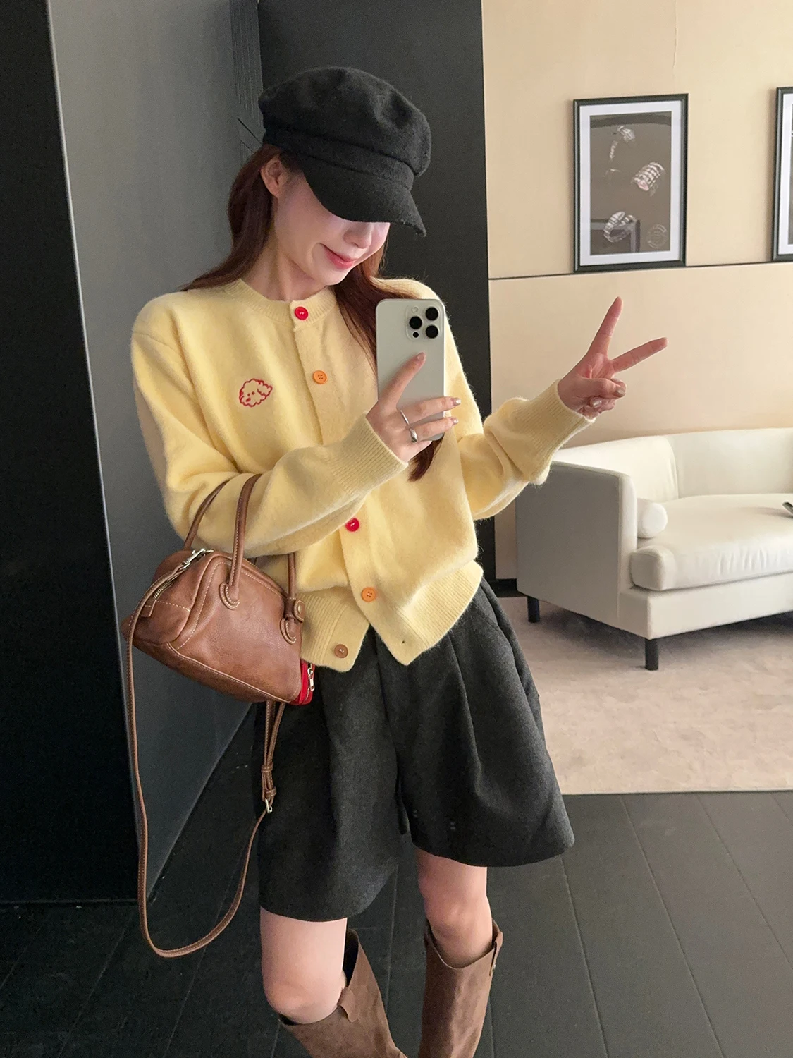 الرجعية الكلب التطريز اللون زر محبوك سترة مفتوحة المرأة فضفاضة تنوعا التخسيس سترة Jaet العصرية أوائل الخريف N...