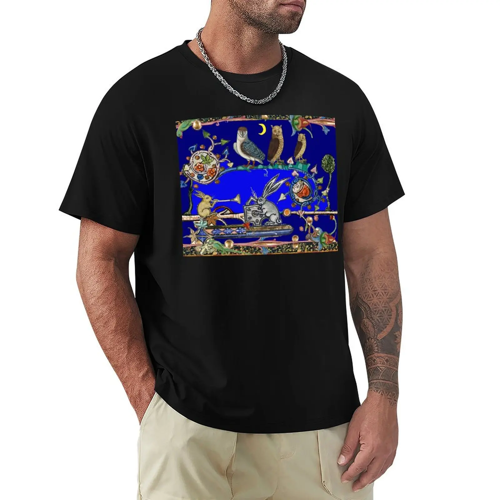 WEIRD MEDIEVAL BESTIARY MAKING MUSIC, Three Owls And Night Concert of Rabbits T-Shirt Basic Plain Short Sleeve Crew Neck Tee