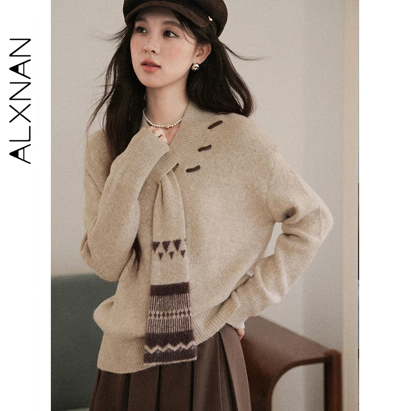 

ALXNAN женские пуловеры с v-образным вырезом, съемный шарф, свитера с цветными блоками, осень-зима, свободный крой, мягкий модный трикотаж L58056