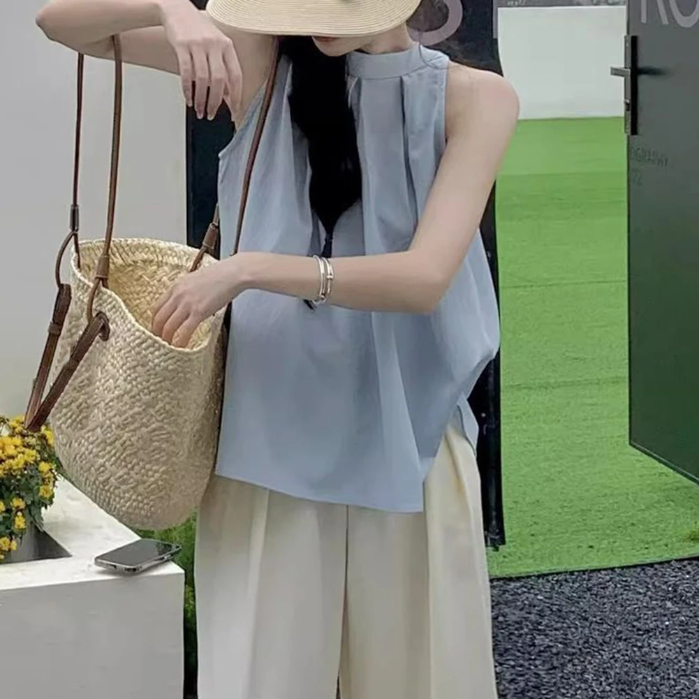 Chemisier noir sans manches, col licou, chemise à motif solide, vêtements printemps été automne, col rond, taille unique, convient à la plupart