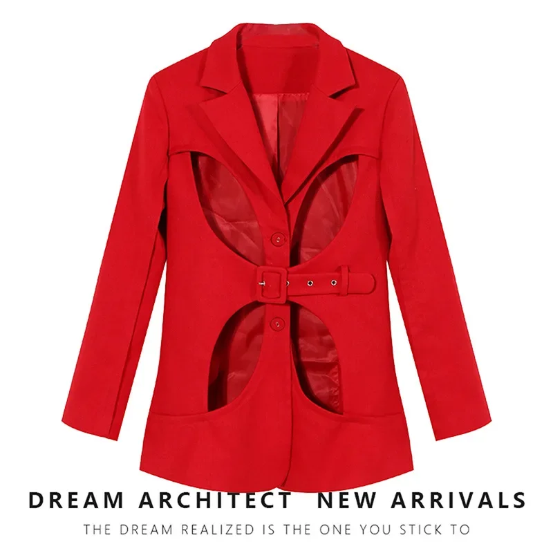 Ladies Women Suit Blazer Jacket With Belt Sexy Hollow Female Business Work Wear Long Sleeve 1 Piece Coat