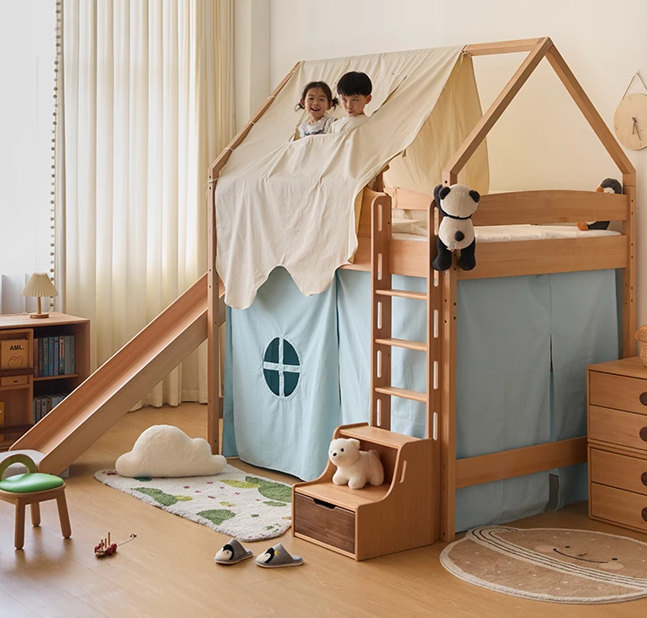 Half height bed tree house bed solid wood with boy girl slide bed