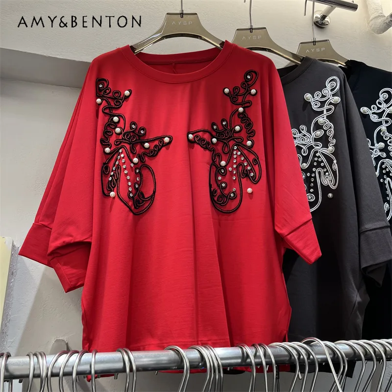 

Beading Embroidery Rhinestone Heavy Design T-shirts Versatile Casual Loose Slimming Short Sleeves O-Neck Solid Color Short Tees