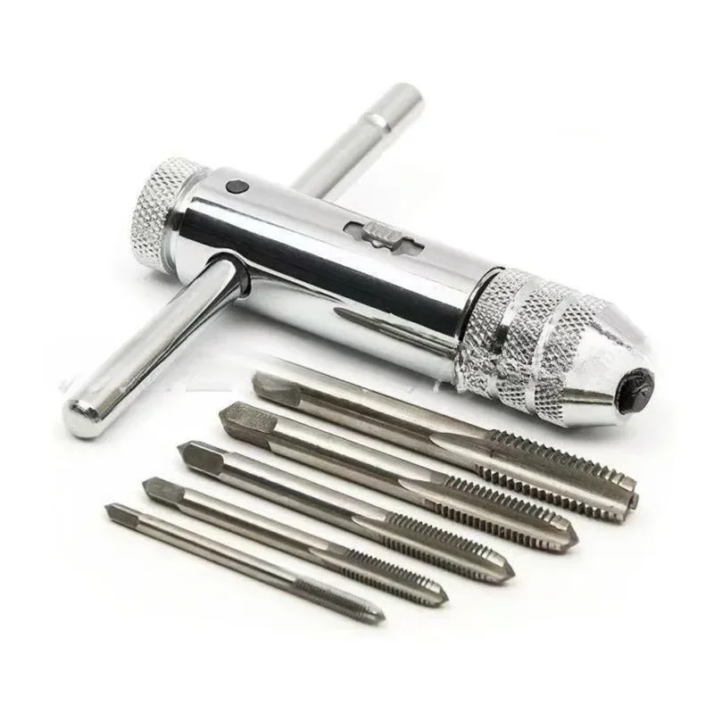 

M3-M8 для набора ручных инструментов для нарезания резьбы, сверло для метчиков с регулируемой Т-образной ручкой, трещотка, держатель для метчиков, гаечный ключ, дрель