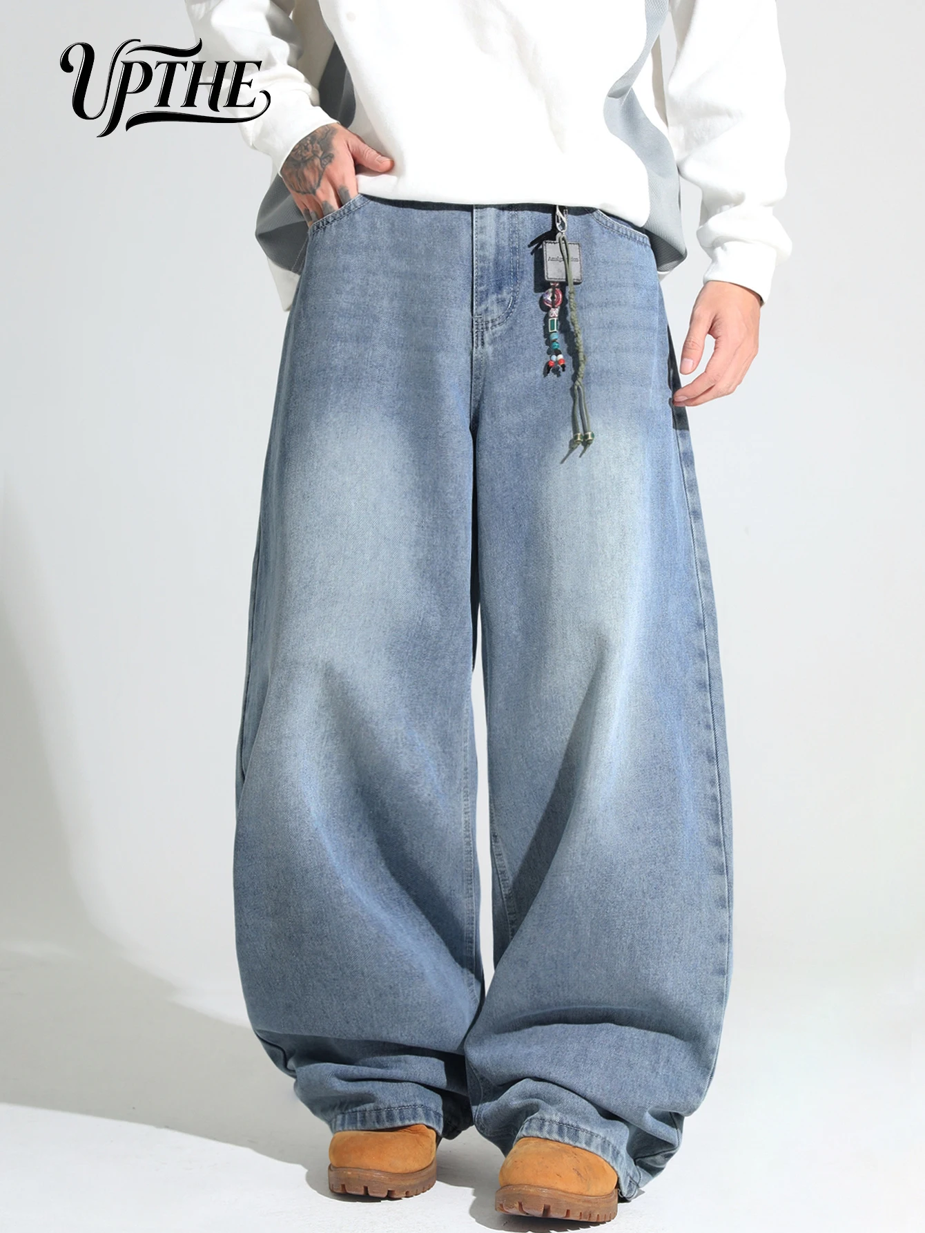 UPTHE Men's Baggy Wide Leg Jeans, Light Blue Gradient Washed Loose Fit Denim Pants, Vintage Faded Oversized Streetwear Y2K Hip Hop Jeans for Men