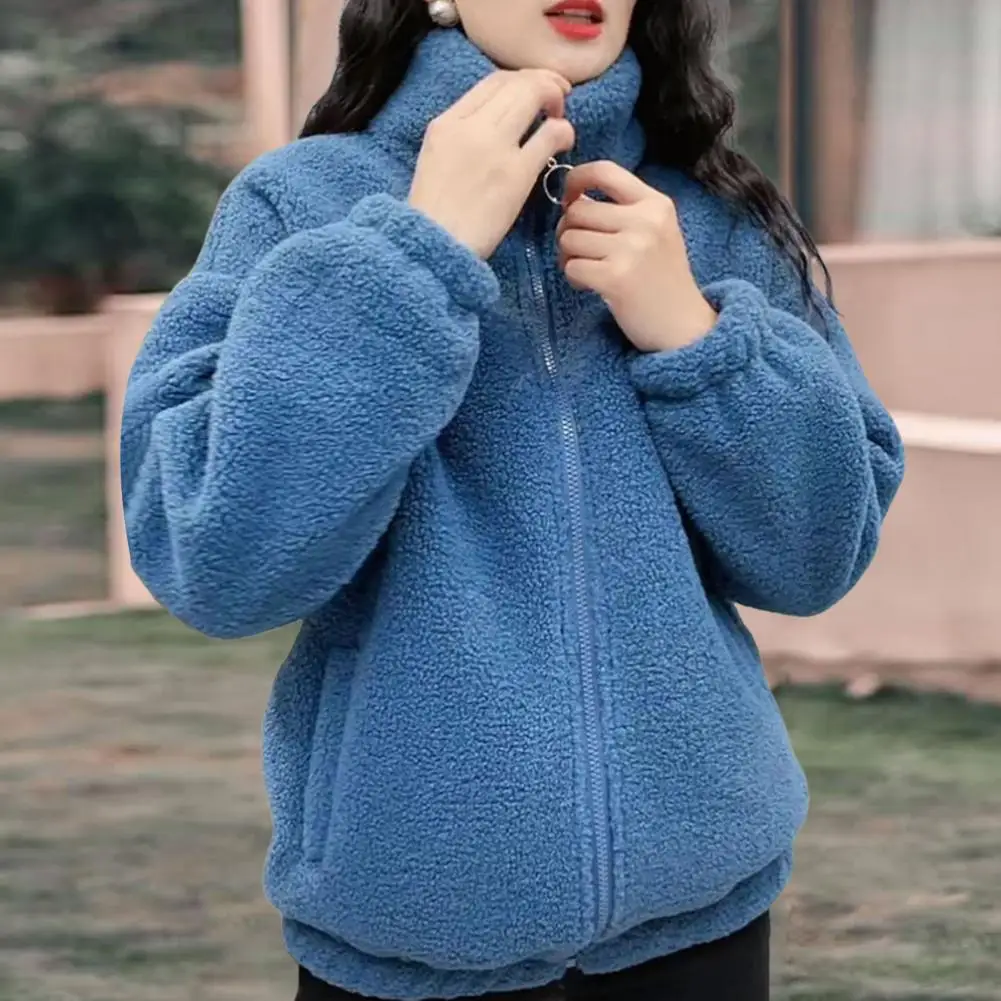 Thick Plush Coat Women's Fleece Zipper Jacket With Stand Collar Pockets Warm Winter Outerwear For Sports Everyday Wear Women