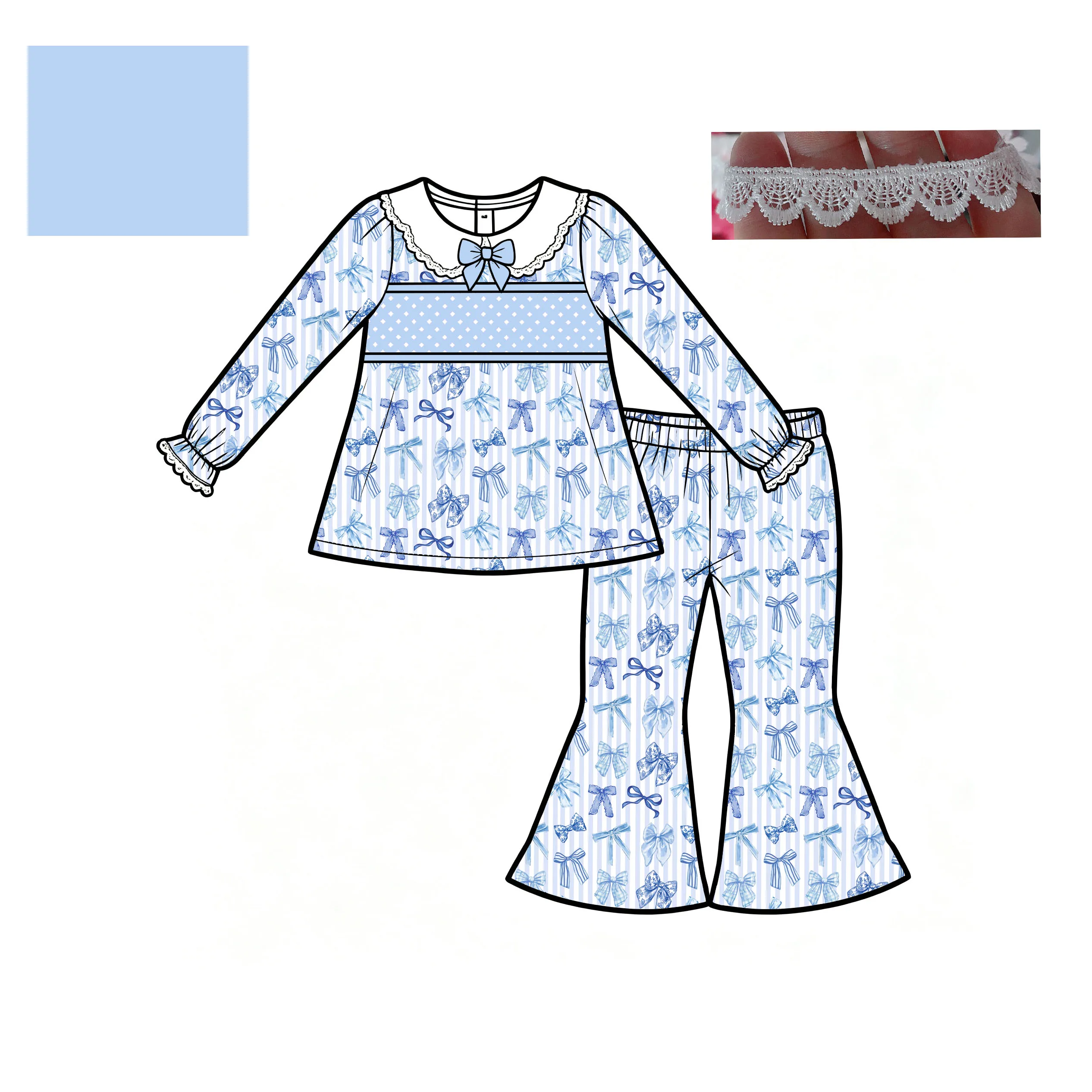 Custom Girls Ghost Pumpkin Blue Bow Print Lace Ruffle Collar Tunic Top Bell Bottom Pants Set Kids Halloween Thanksgiving Outfit